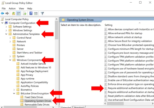 Using Local Group Policy Editor to enable bootup/startup password in Windows 10