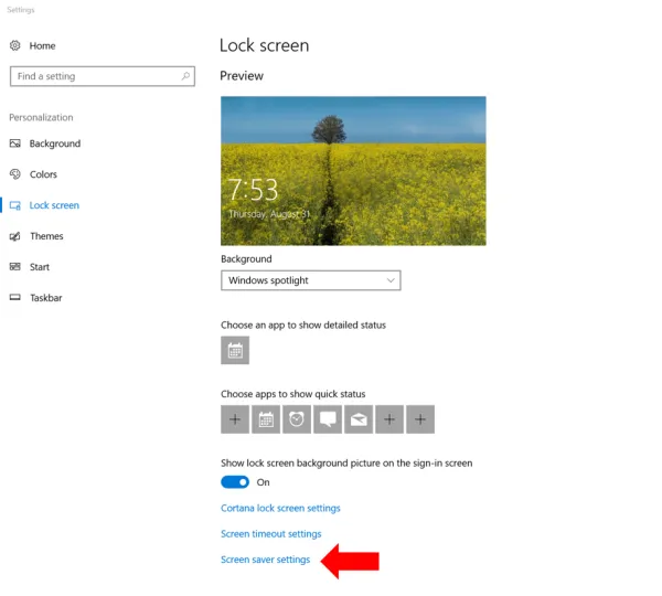 turning on automatic screen lockout in Lock screen settings in windows 10