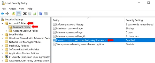 enforce password complexity in Windows 10
